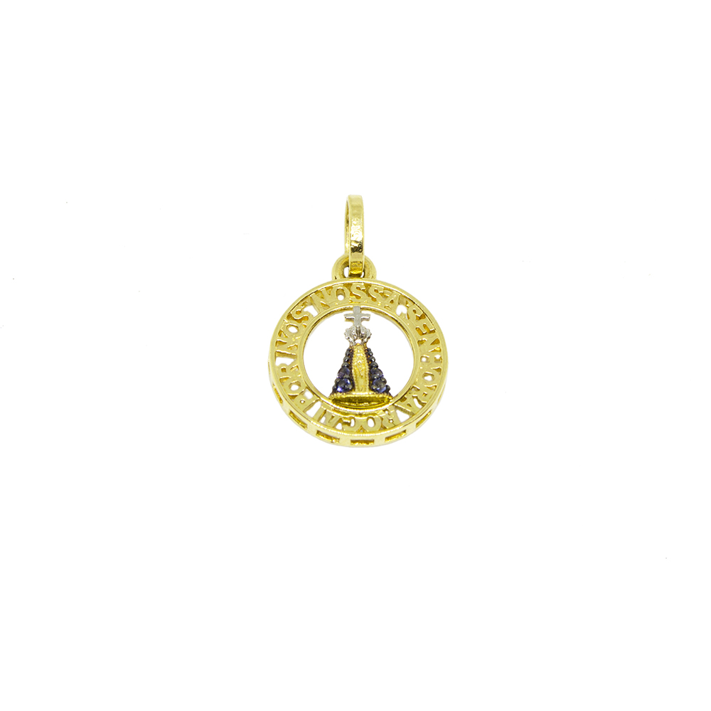 Pingente Nsra. Aparecida Redonda com Zirc�nias em Ouro 18 Kilates � 25336
